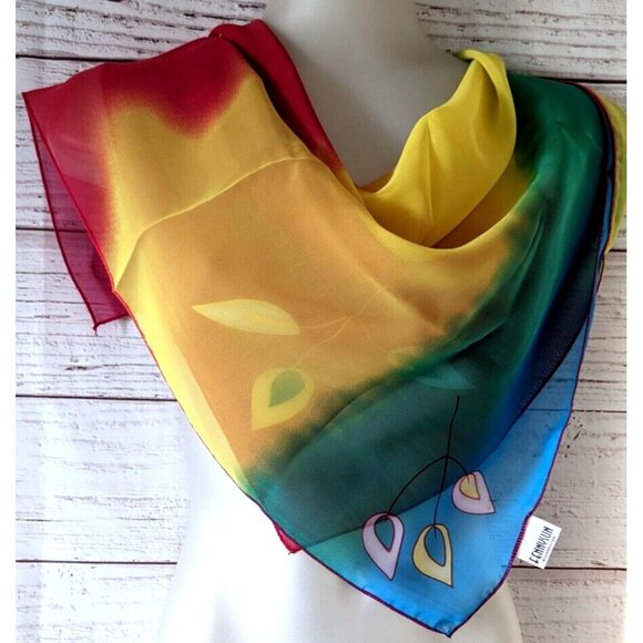 New Fennysun Woman Square Scarf Ombre Red Blue Yellow Crepe Lightweight 26*26" - Picture 1 of 10